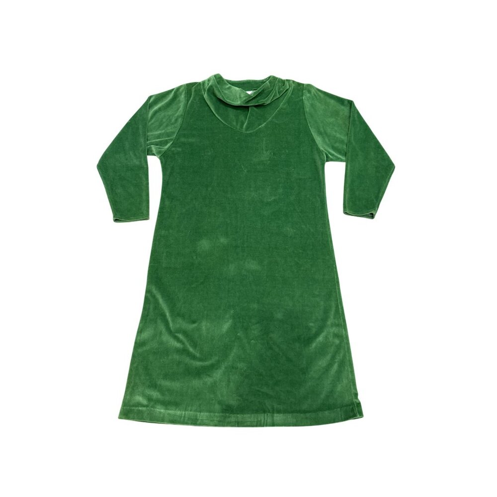 VTG Green Velour Dress Gertrude Davenport Size Large Calf Length Cowl Neckline